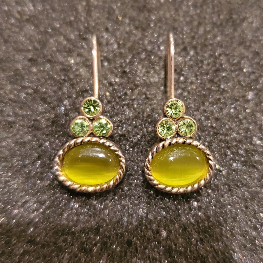 Estate Chartreuse Green Glass Cabochon and Peridot Crystal Drop Earrings
